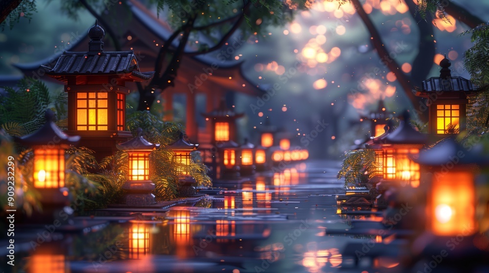 Traditional Japanese lanterns illuminating a garden pathway at dusk. Obon festival celebration concept. Traditional Japanese lanterns illuminating a garden pathway at dusk. Obon festival celebration concept.
