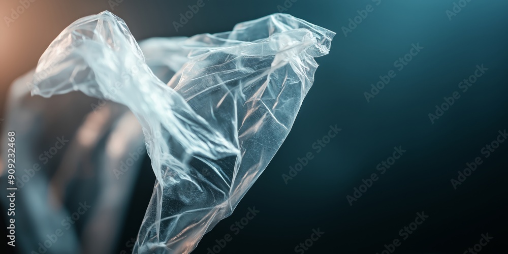 Naklejka premium Ghostly Plastic: A discarded plastic bag takes on an ethereal, haunting presence against a dark, moody backdrop, serving as a stark reminder of environmental impact. 