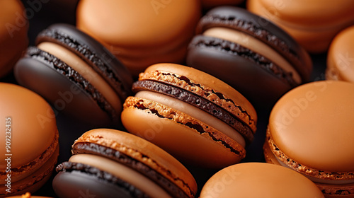 A close-up of assorted chocolate and caramel macarons with different textures, creating an enticing and colorful arrangement