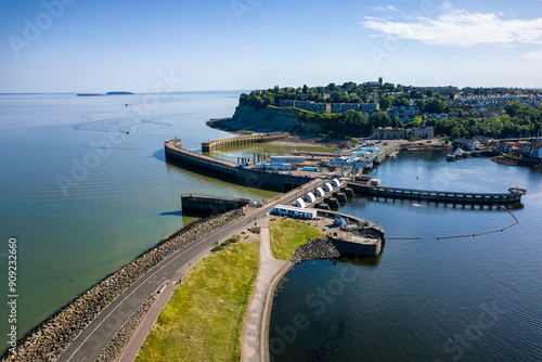 Aerial view of Penarth and the Cardiff Barrage leading out onto the Bristol Channel photo