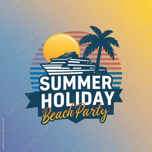 A poster for summer beach with palm trees and a beach scene
