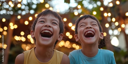 Unbridled Joy: Two young boys, bursting with laughter, share a moment of pure, unadulterated joy, their faces illuminated by warm, twinkling lights. This image captures the infectious energy of childh photo