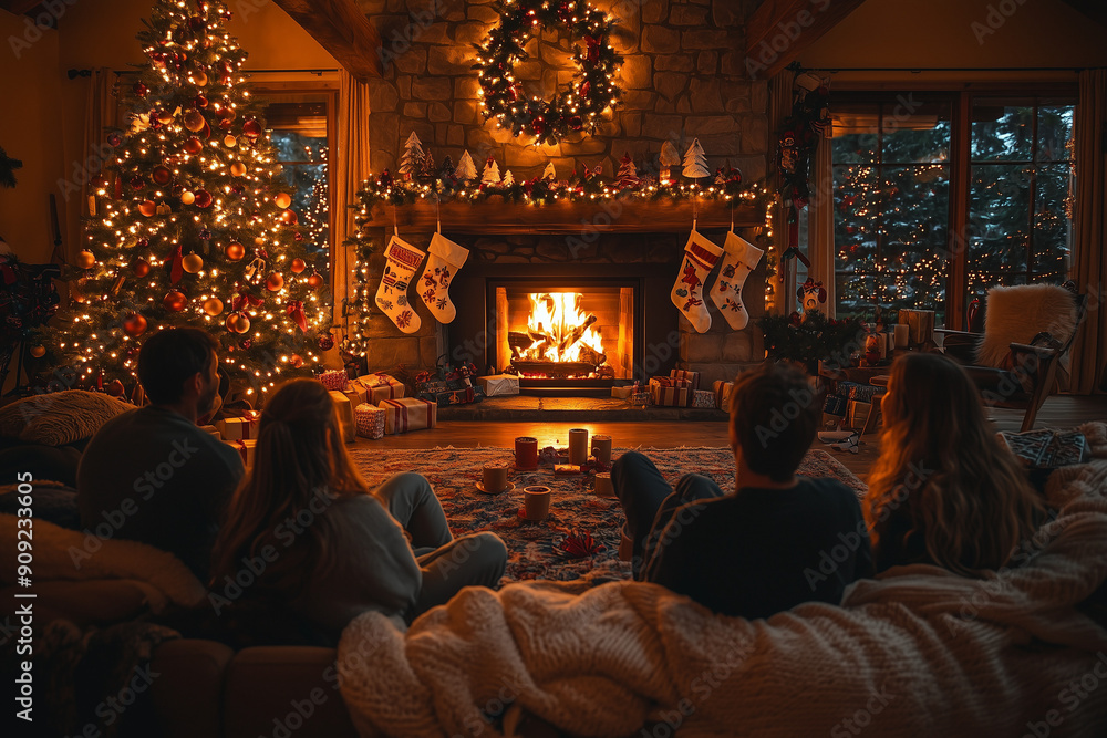 A cozy family gathering on Christmas Eve in a living room decorated with holiday decorations, creating a warm and joyful holiday atmosphere. A cozy family gathering on Christmas Eve in a living room decorated with holiday decorations, creating a warm and joyful holiday atmosphere.