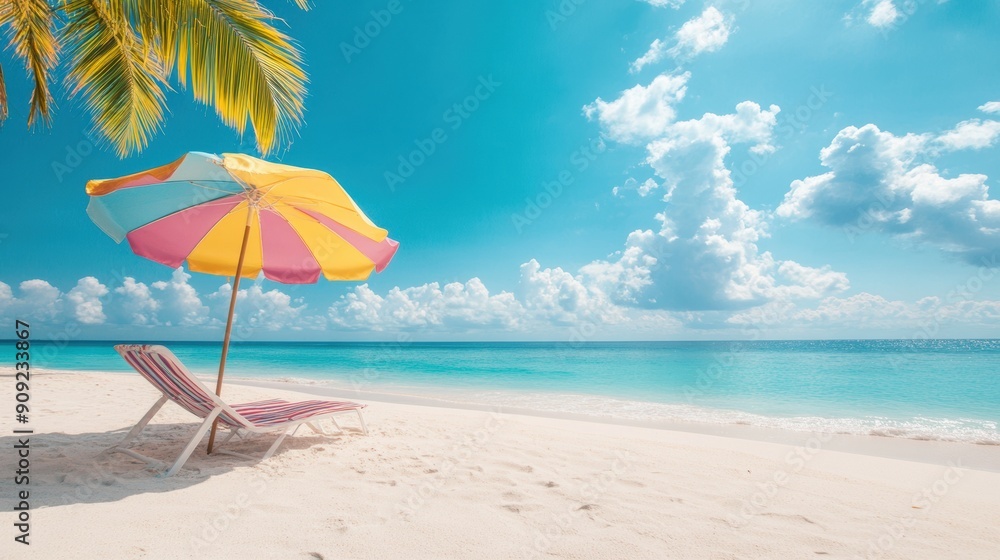 A tranquil coastal scene with a sandy beach, palm trees, and colorful beach umbrellas. A tranquil coastal scene with a sandy beach, palm trees, and colorful beach umbrellas.