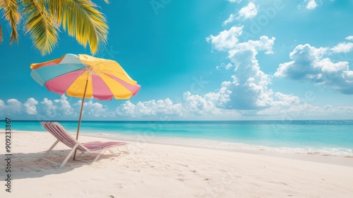 A tranquil coastal scene with a sandy beach  palm trees  and colorful beach umbrellas.