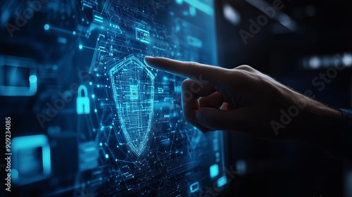 Cybersecurity and data protection on the internet where a person touches a virtual shield for secure access and encrypted connections illustrating a passwordprotected system and storage photo