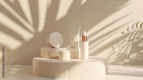 Minimalist skincare products arranged elegantly on a beige surface with soft shadows, perfect for beauty and wellness themes.