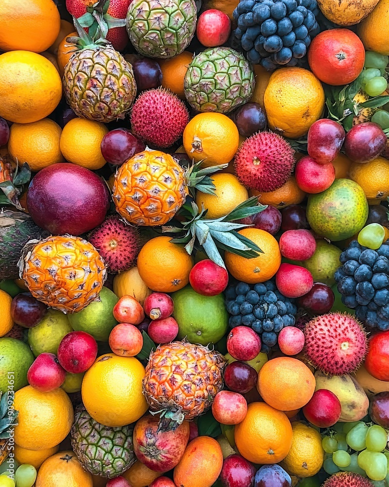 Vibrant Display of Fresh Exotic Fruits Over a Colorful Natural Background Vibrant Display of Fresh Exotic Fruits Over a Colorful Natural Background