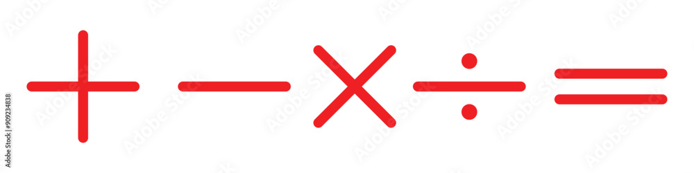 Plus minus icon set. Mathematical symbols: plus, minus, multiplication, division, equals. Isolated vector on a white background. Red confirm icons set, calculation. Plus minus icon set. Mathematical symbols: plus, minus, multiplication, division, equals. Isolated vector on a white background. Red confirm icons set, calculation.