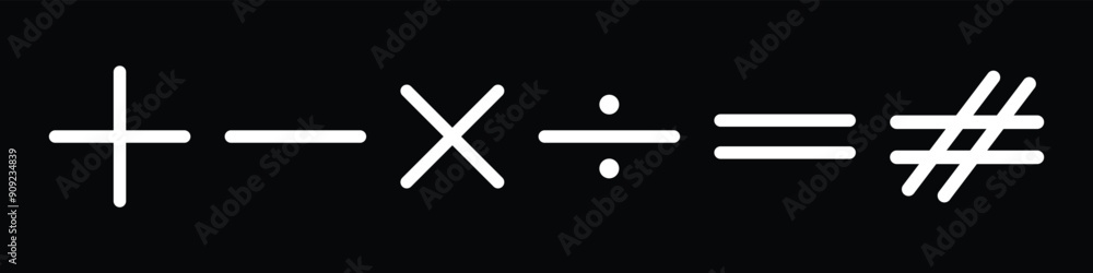 Plus and minus icon set. White colour hand drawing mathematics symbol. Plus, minus, multiply and divide equals signs on black background. Vector collection of math additions. Plus and minus icon set. White colour hand drawing mathematics symbol. Plus, minus, multiply and divide equals signs on black background. Vector collection of math additions.