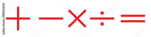 Plus minus icon set. Mathematical symbols: plus, minus, multiplication, division, equals. Isolated vector on a white background. Red confirm icons set, calculation.