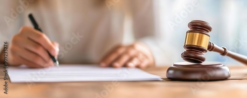 Worker signing contract under gavel shadow, labor law compliance, workplace regulations concept