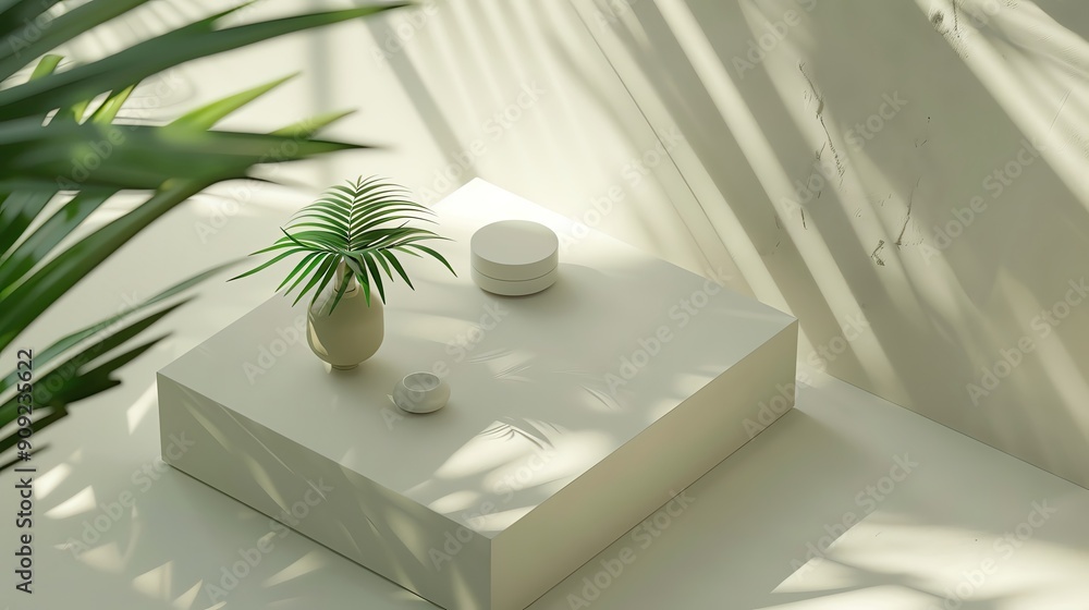 Minimalistic decor featuring a small planter, cosmetic jars, and soft shadows. Perfect for wellness and aesthetic themes. Minimalistic decor featuring a small planter, cosmetic jars, and soft shadows. Perfect for wellness and aesthetic themes.