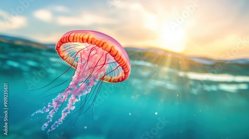 A close up view of a jellyfish pulsating through the water, its translucent body glowing in the sunlight.