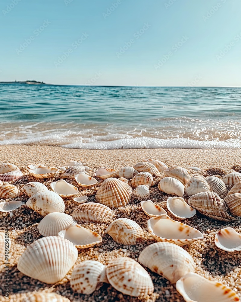 An Array of Seashells Scattered on a Sandy Beach Under a Clear Sky An Array of Seashells Scattered on a Sandy Beach Under a Clear Sky