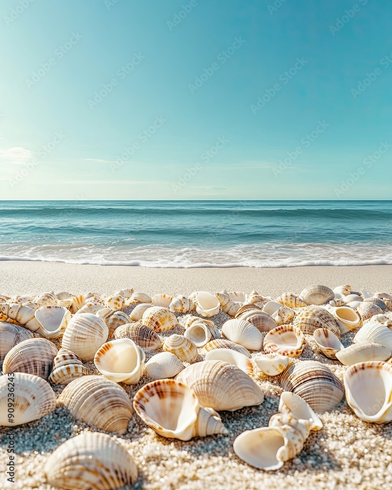 A Beautiful Array of Seashells on a Sandy Beach by the Ocean A Beautiful Array of Seashells on a Sandy Beach by the Ocean