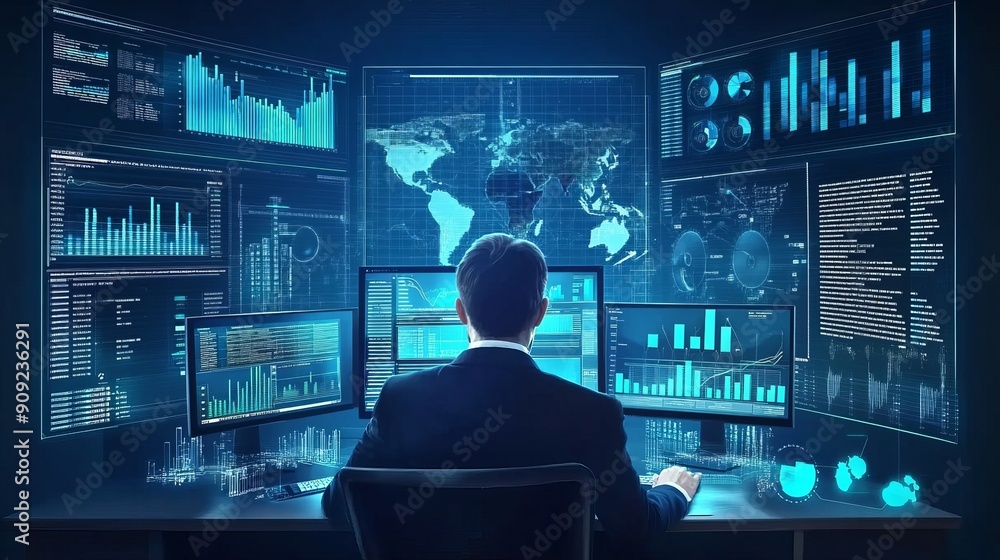 Data analysis science and big data utilizing AI technology An analyst or scientist uses a computer and dashboard to analyze complex data sets working as an insights development engineer Data analysis science and big data utilizing AI technology An analyst or scientist uses a computer and dashboard to analyze complex data sets working as an insights development engineer