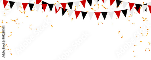 black and red triangle pennants chain and confetti decor greeting card, party banner website