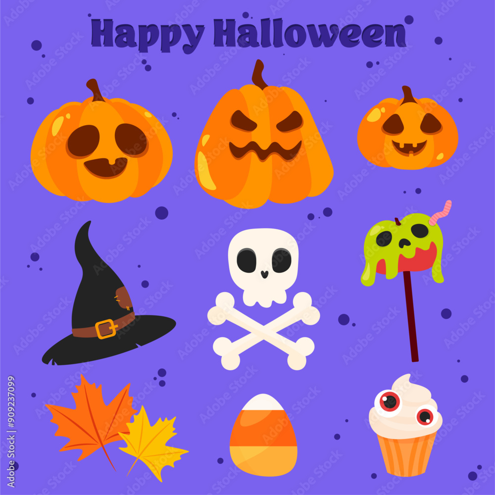 Happy Halloween set of elements, pumpkin, scull, sweets.Vector is cute illustration Happy Halloween set of elements, pumpkin, scull, sweets.Vector is cute illustration
