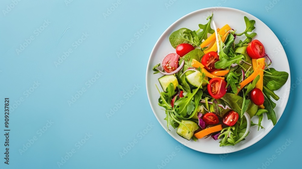 Colorful vegetable salad on white plate with blue background and blank space Colorful vegetable salad on white plate with blue background and blank space