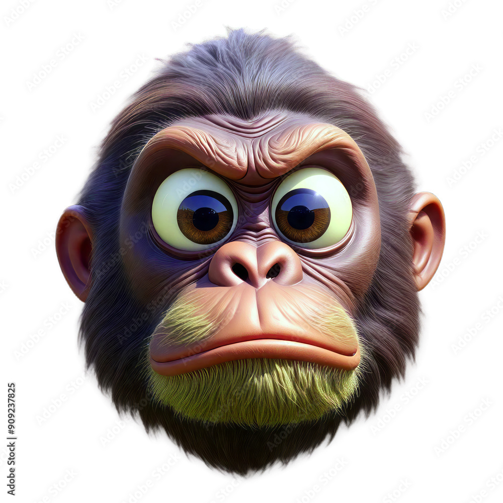 Fototapeta premium A cartoon monkey with big eyes and a frown on its face. The monkey has a brown nose and a yellow mustache. The background is black, making the monkey stand out.