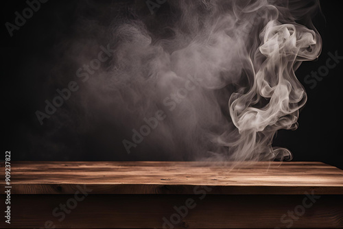 Wooden Table with Rising Smoke Against Dark Background