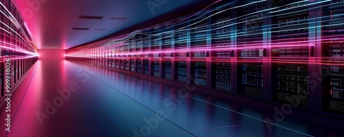 Neon-lit data center  abstract waves  futuristic technology