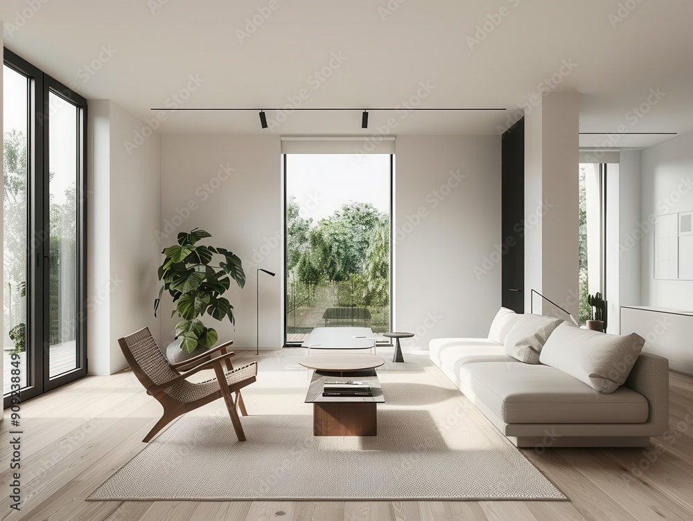 Fototapeta premium Minimalist living room with large windows, a comfortable sofa, and a wooden armchair.