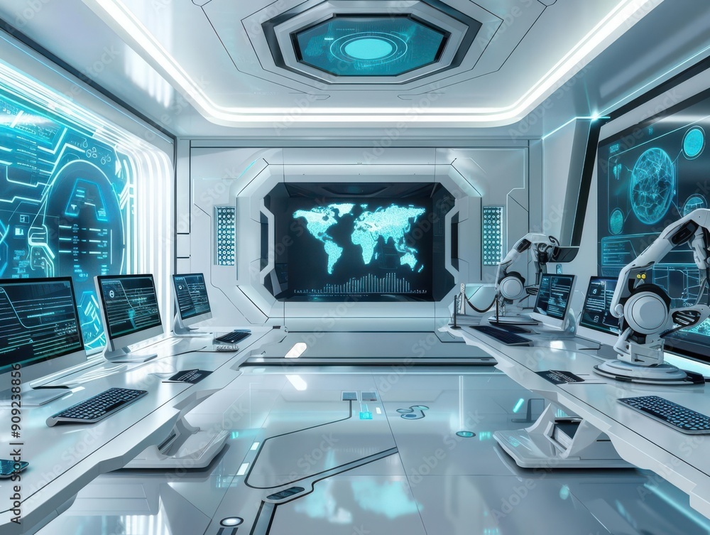 Futuristic control room with computers, screens, and robotic arms. Futuristic control room with computers, screens, and robotic arms.