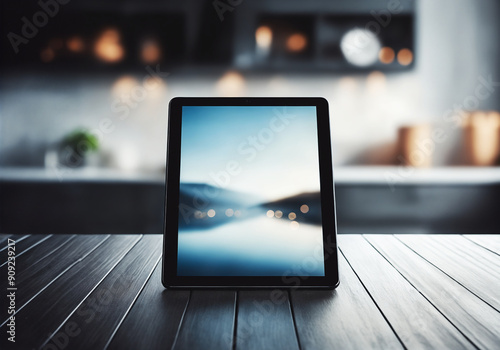 A tablet is displayed on a wooden table with a blurred background of a kitchen.