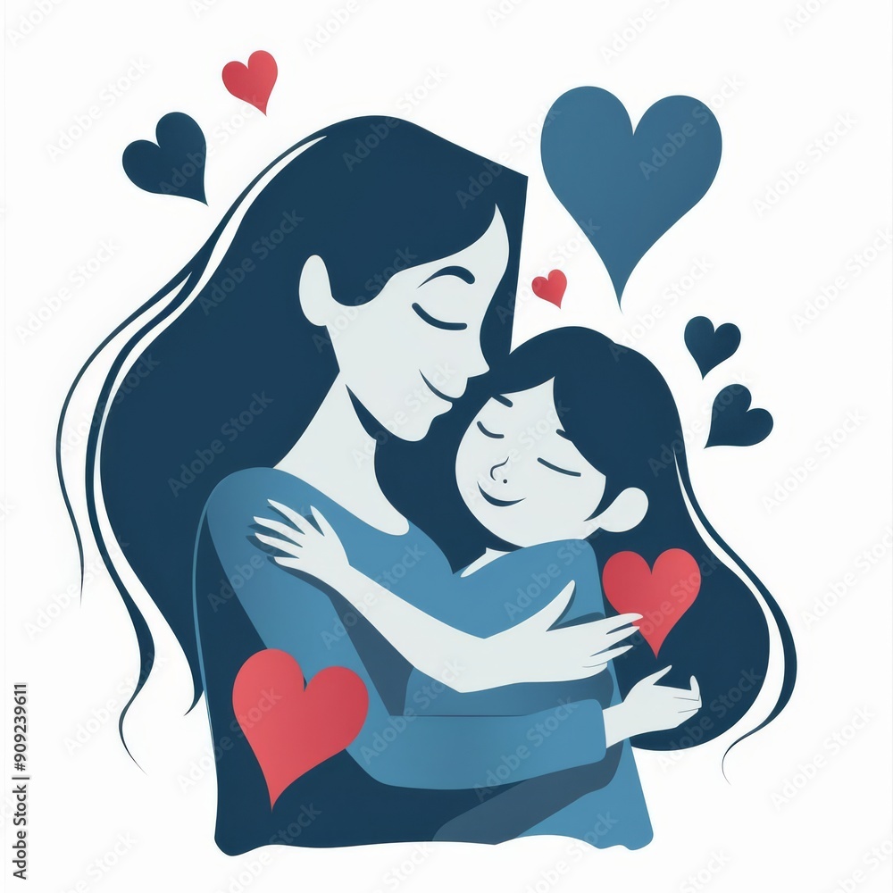illustration, mother and child hugging, blue color theme, Mothers Day, loving, isolated on white background illustration, mother and child hugging, blue color theme, Mothers Day, loving, isolated on white background