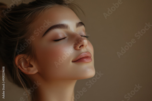 A close up of a girl's face with her eyes closed