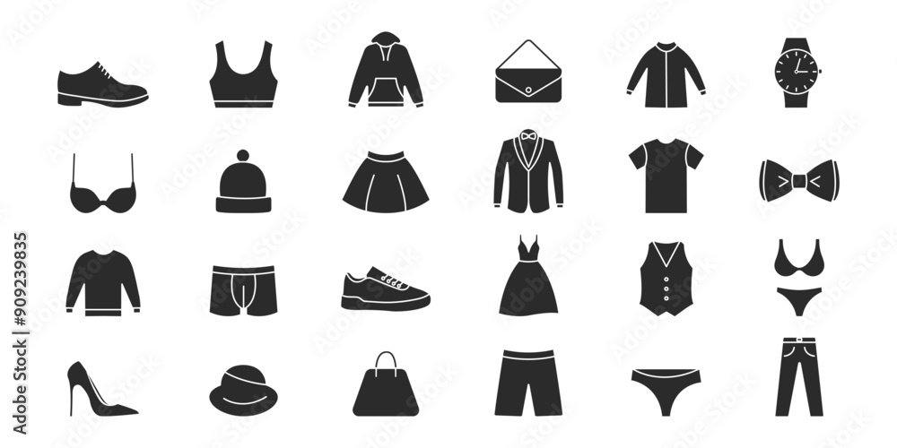 Clothes icon set. Woman and man clothes, accessories. Clothing silhouette icons. Vector Clothes icon set. Woman and man clothes, accessories. Clothing silhouette icons. Vector