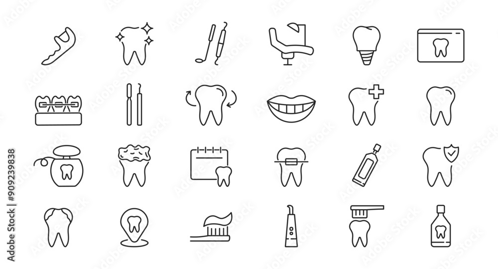 Set of dental icons. Dentist, tooth, implant, care, dental treatment, toothpaste, tools. Vector Set of dental icons. Dentist, tooth, implant, care, dental treatment, toothpaste, tools. Vector