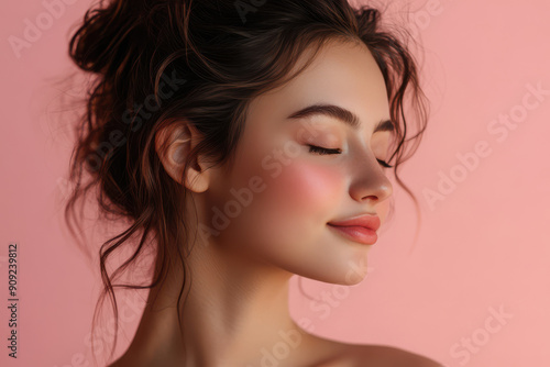 A close up of a girl's face with her eyes closed