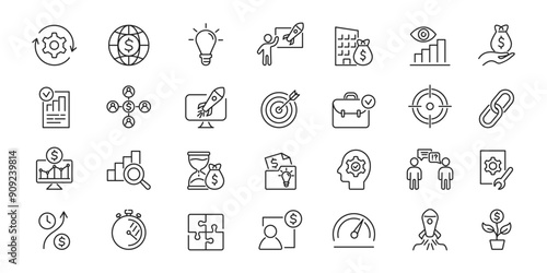 Business process, startup icons set. Business climbing, idea, growth, marketing, success. Vector illustration