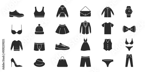 Clothes icon set. Woman and man clothes, accessories. Clothing silhouette icons. Vector