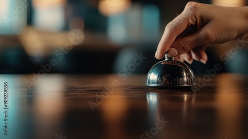 An image showing a close-up of a hand gently pressing a call bell placed on a wooden surface, often seen in hospitality settings like hotels or service counters.