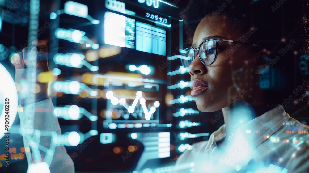 black woman working in office with digital technology black woman working in office with digital technology
