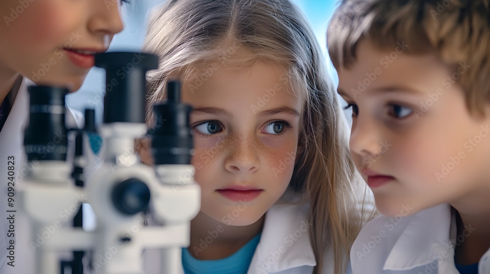 Earnest Children Practicing Eye Exams Under Friendly Doctor s Supervision in State of the Art Medical Clinic Earnest Children Practicing Eye Exams Under Friendly Doctor s Supervision in State of the Art Medical Clinic