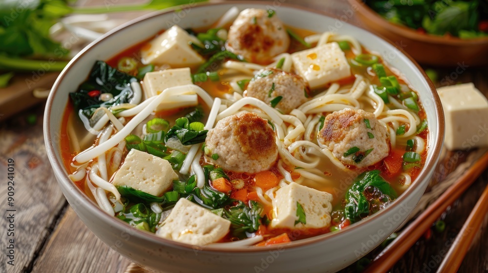 Noodle and vegetable soup with meatballs and tofu Noodle and vegetable soup with meatballs and tofu