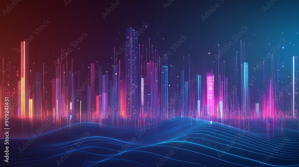 Smart city design with abstract dot points connected by gradient lines and an intricate wave line aesthetic illustrating a big data connection technology concept Smart city design with abstract dot points connected by gradient lines and an intricate wave line aesthetic illustrating a big data connection technology concept
