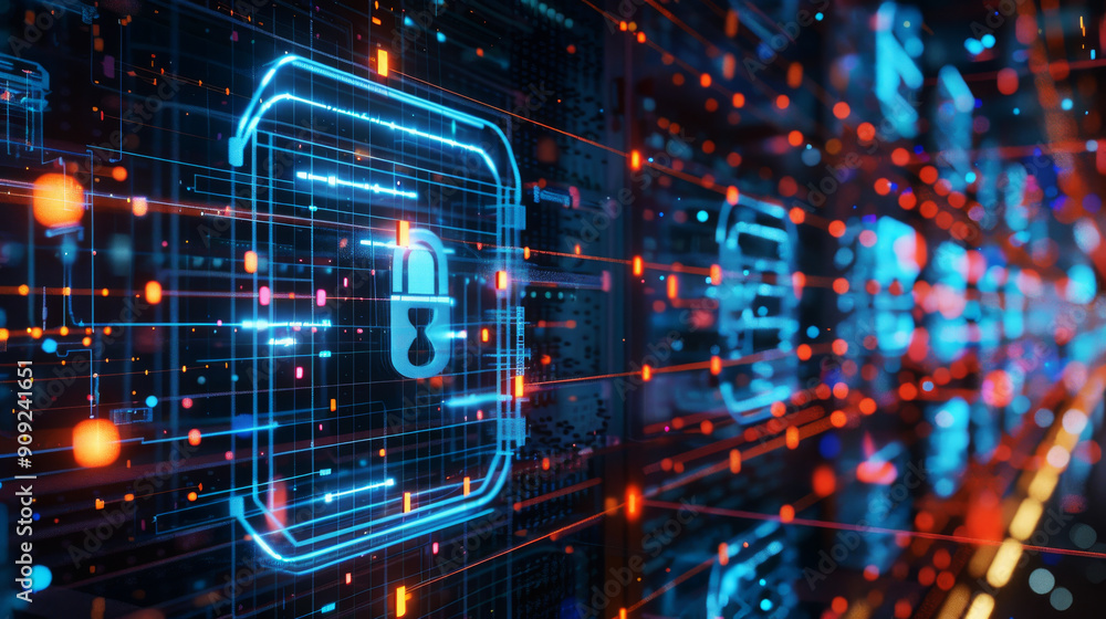 Digital Fortress: A padlock icon glows amidst a complex network of data, symbolizing robust cybersecurity in the digital age. Digital Fortress: A padlock icon glows amidst a complex network of data, symbolizing robust cybersecurity in the digital age.