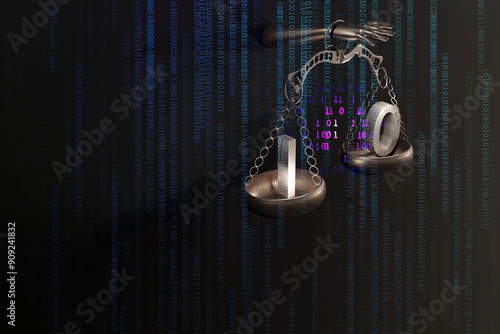 Internet cyber law concept. Background with Justice scales and binary code numbers. Digital legal services and Artificial Intelligence idea. 3D render illustration.