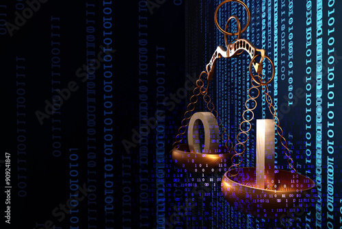 Internet cyber law concept. Background with Justice scales and binary code numbers. Digital legal services and Artificial Intelligence idea. 3D render illustration.