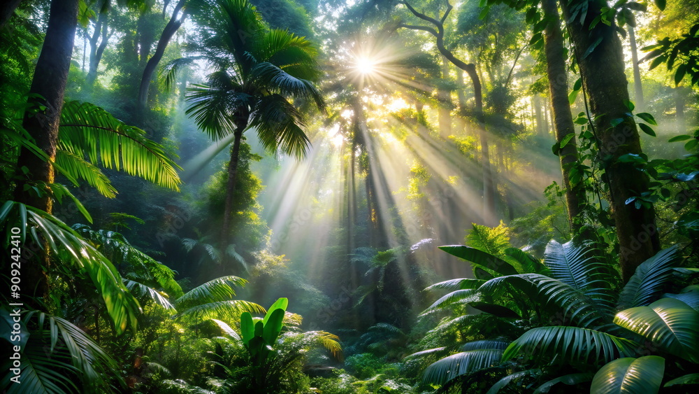 Tropical jungle forest with palms, trees, plant with sunlight shining through the trees landscape background. Nature background banner Tropical jungle forest with palms, trees, plant with sunlight shining through the trees landscape background. Nature background banner