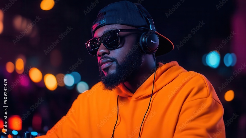 A DJ mixes music at a vibrant night event, wearing stylish sunglasses and a bright hoodie, surrounded by colorful lights. A DJ mixes music at a vibrant night event, wearing stylish sunglasses and a bright hoodie, surrounded by colorful lights.