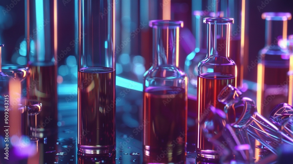 A collection of liquids stored in containers sits on a metallic surface in a space A collection of liquids stored in containers sits on a metallic surface in a space
