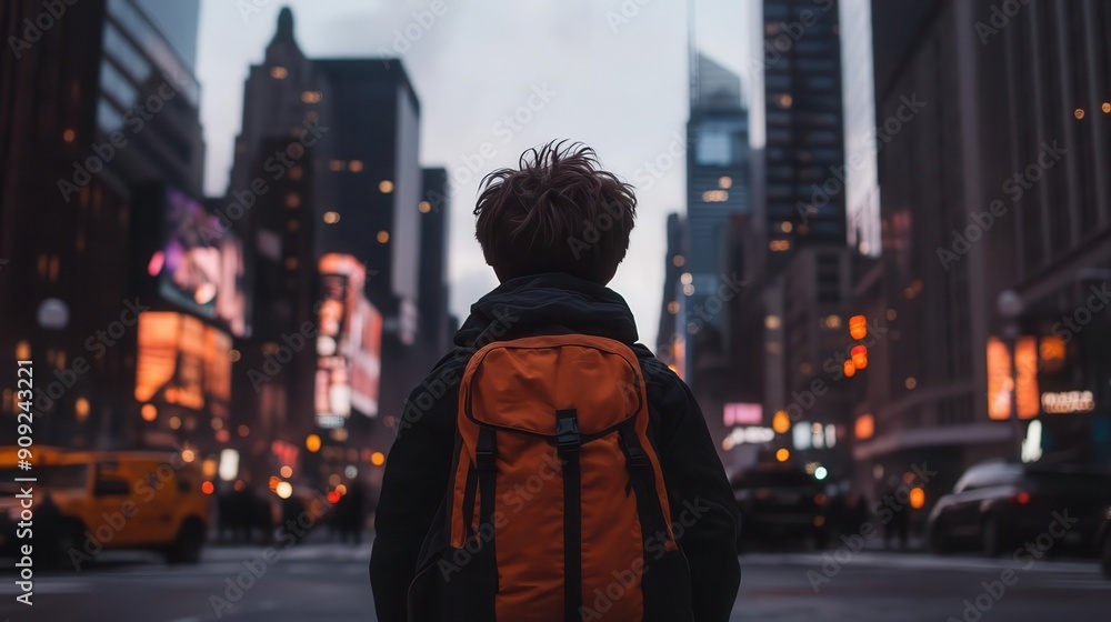 A young traveler stands in a bustling city, gazing at the towering skyline and vibrant lights, embodying adventure and exploration. A young traveler stands in a bustling city, gazing at the towering skyline and vibrant lights, embodying adventure and exploration.