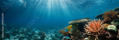 Sunbeams Dancing on Coral Reef: A vibrant underwater scene with sunbeams piercing through the surface, illuminating a thriving coral reef teeming with life.  The image captures the beauty and fragilit photo